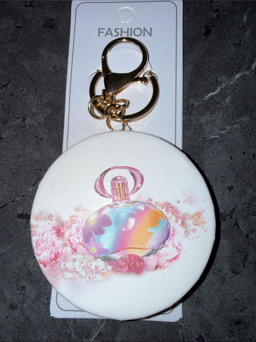 Fashion White Keychain Mirror with Rainbow Perfume Bottle Design